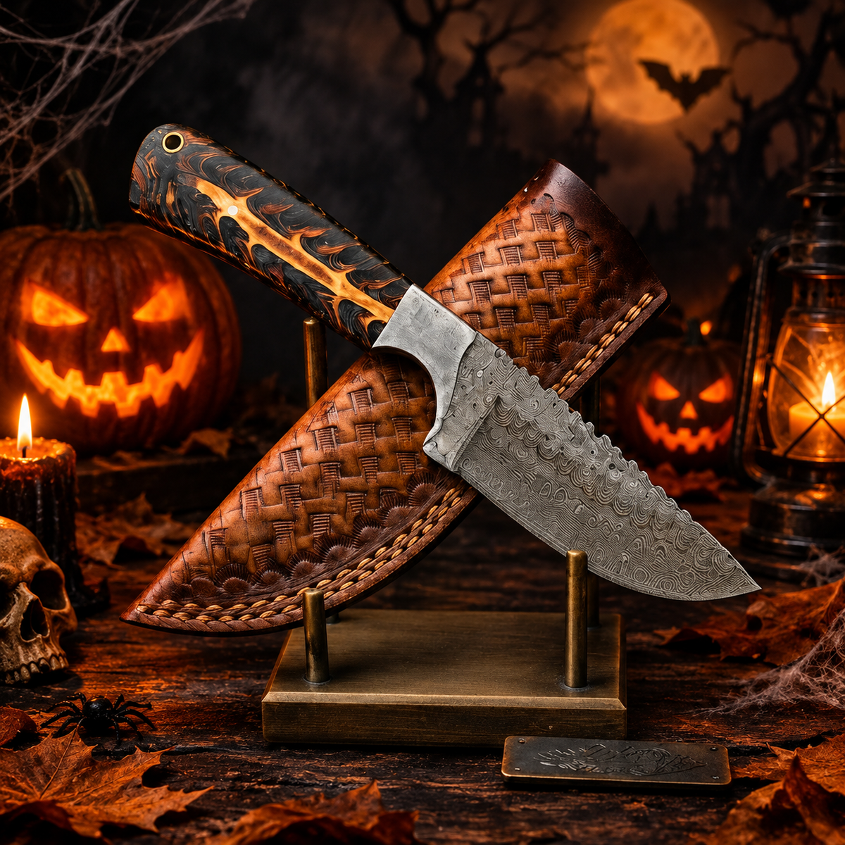 Custom Handcrafted Damascus Steel Collector Knife – Hand-Tooled Spine & Resin Handle with Leather Sheath