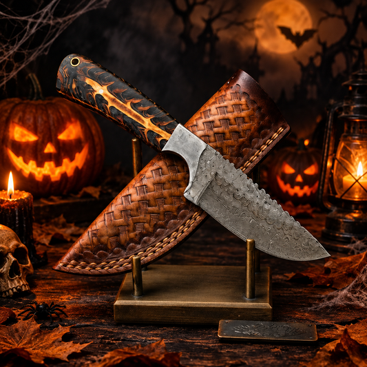 Custom Handcrafted Damascus Steel Collector Knife – Hand-Tooled Spine & Resin Handle with Leather Sheath