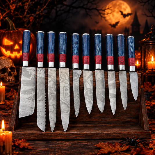 10-Piece Handcrafted Damascus Steel Chef Knife Set – Red & Blue Wood Handles with Leather Roll