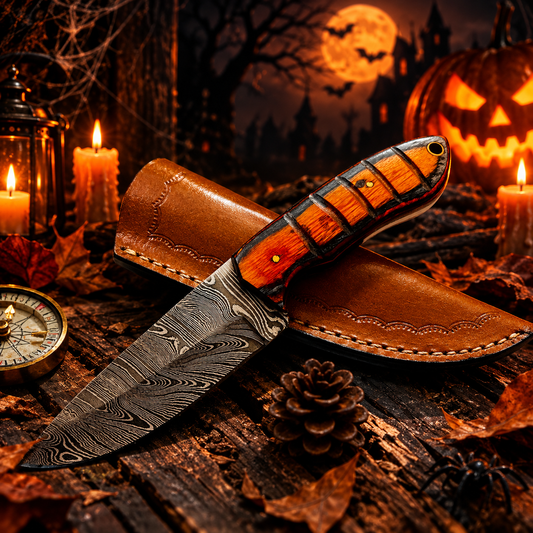 Custom Handcrafted Damascus Steel Fixed Blade Collector Knife – Multi-Tone Wood Handle with Leather Sheath