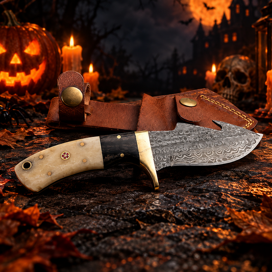 8" Handcrafted Damascus Steel Collector Knife – Camel Bone & Wood Handle with Leather Sheath