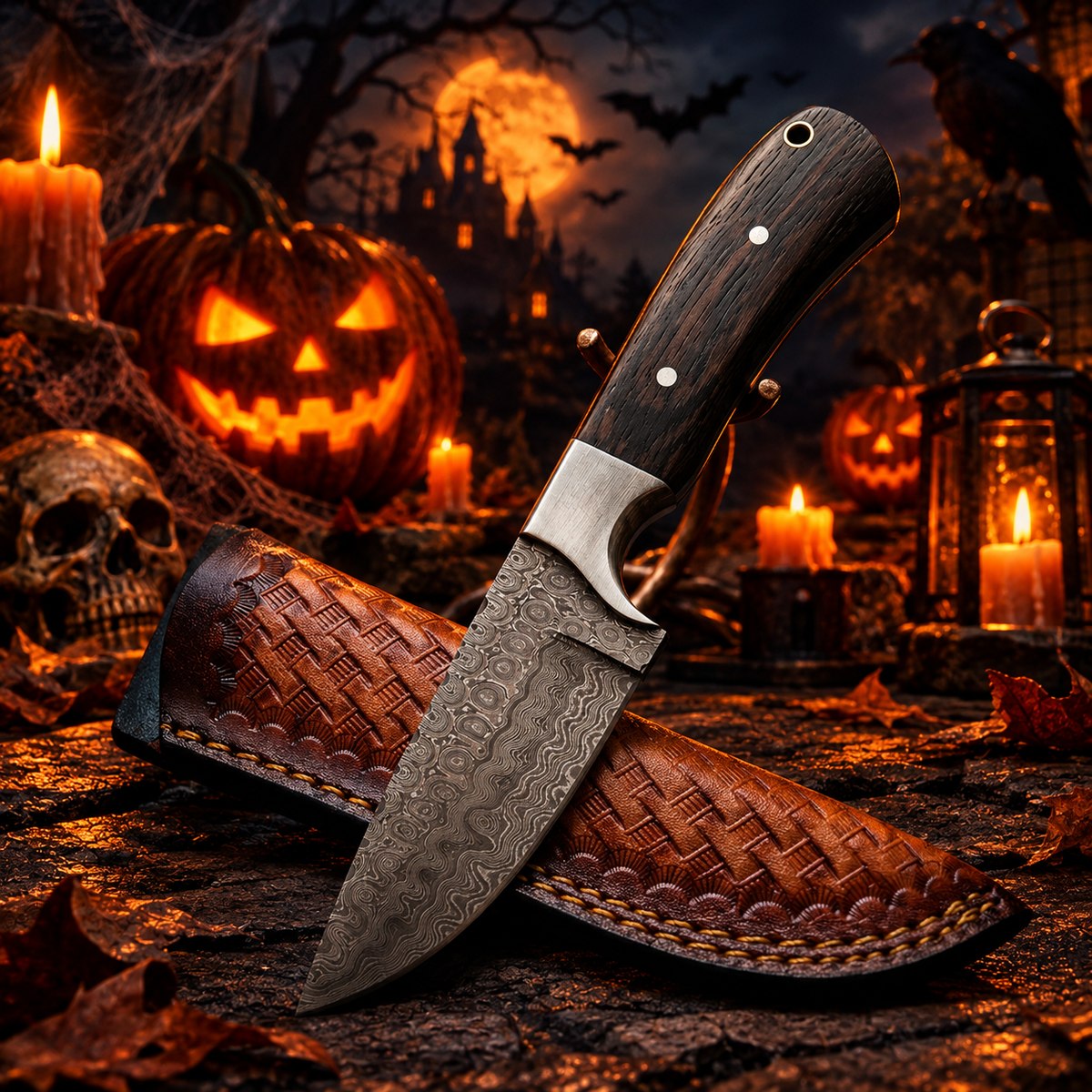7.5" Handcrafted Damascus Steel Collector Knife – Walnut Wood Handle with Woven Leather Sheath