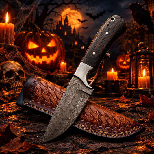 7.5" Handcrafted Damascus Steel Collector Knife – Walnut Wood Handle with Woven Leather Sheath