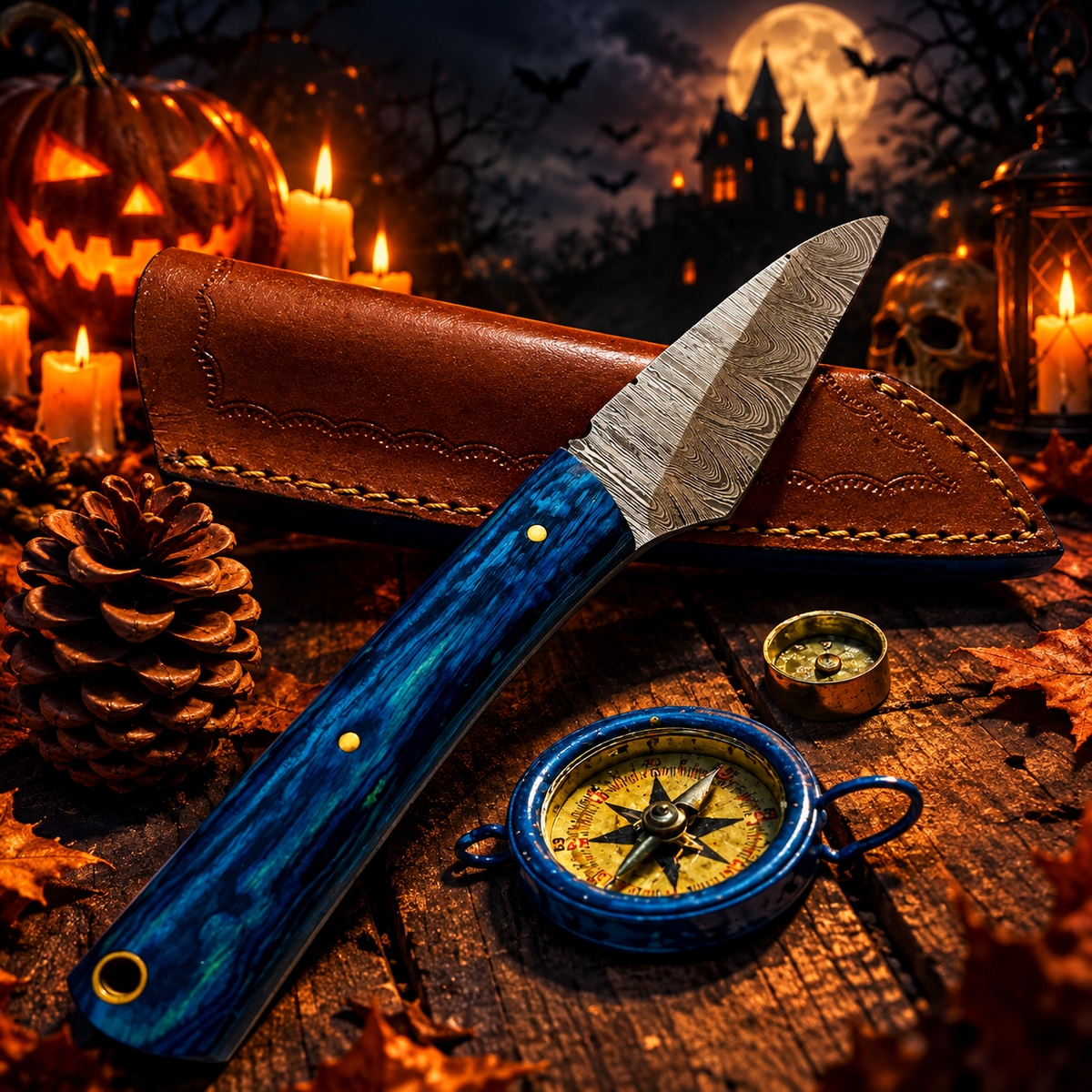 9" Custom Handcrafted Damascus Steel Collector Knife – Blue Pakkawood Handle with Leather Sheath