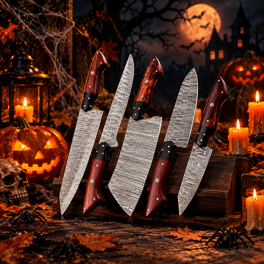 5-Piece Hand-Forged Damascus Steel Chef Knife Set – Genuine Rosewood Handles with Mosaic Pins