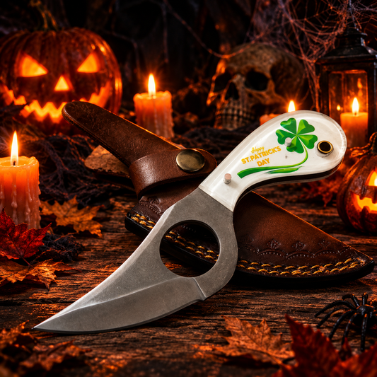 7" Custom Collectible Fixed Blade Knife – White Resin & Green Shamrock Inlay with Leather Sheath