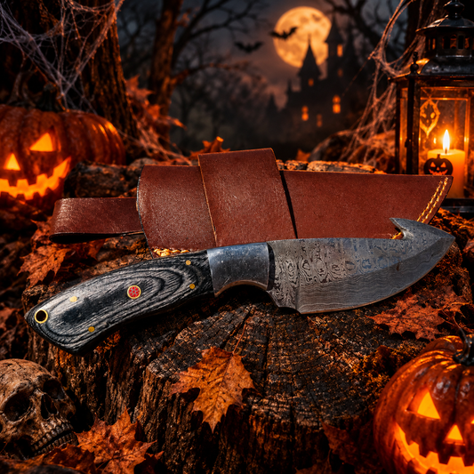9" Handcrafted Damascus Steel Collector Knife – Dark Hardwood Handle with Leather Sheath