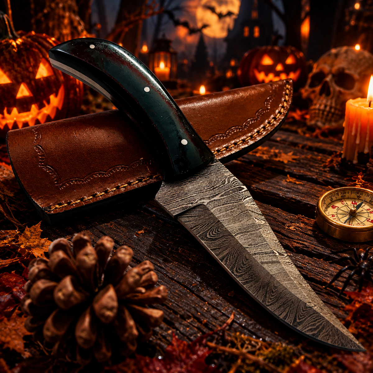 8" Custom Hand-Forged Damascus Steel Collector Knife – Natural Buffalo Horn Handle with Leather Sheath