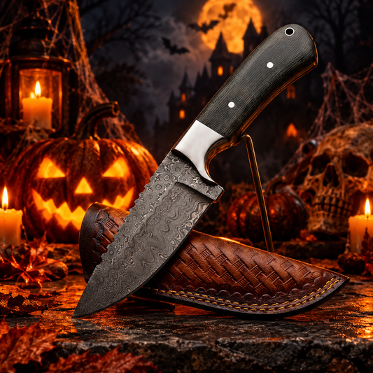 8.5" Custom Handcrafted Damascus Steel Collector Knife – Charcoal Micarta Handle with Leather Sheath