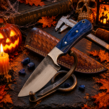 9" Custom Collectible Damascus Steel Fixed Blade Knife – Blue Ripple Composite Handle with Leather Sheath
