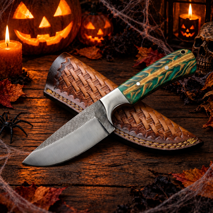 9" Custom Handcrafted File Steel Collector Knife – Burl Resin Handle & Leather Sheath