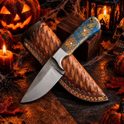 9" Custom Collectible Fixed Blade Knife – Textured High-Carbon Steel with Cerulean Honeycomb Handle