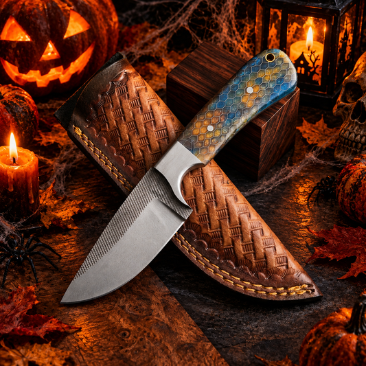 9" Custom Collectible Fixed Blade Knife – Textured High-Carbon Steel with Cerulean Honeycomb Handle