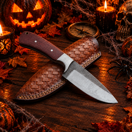 Handcrafted 8.5-Inch Carbon Steel Collector Knife – Crimson Timber Handle with Leather Sheath