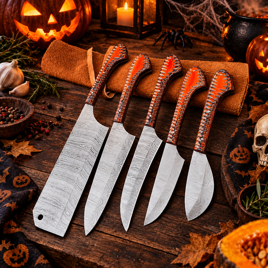 Handcrafted 5-Piece Damascus Steel Chef Knife Set with Vibrant Resin Handles & Leather Roll