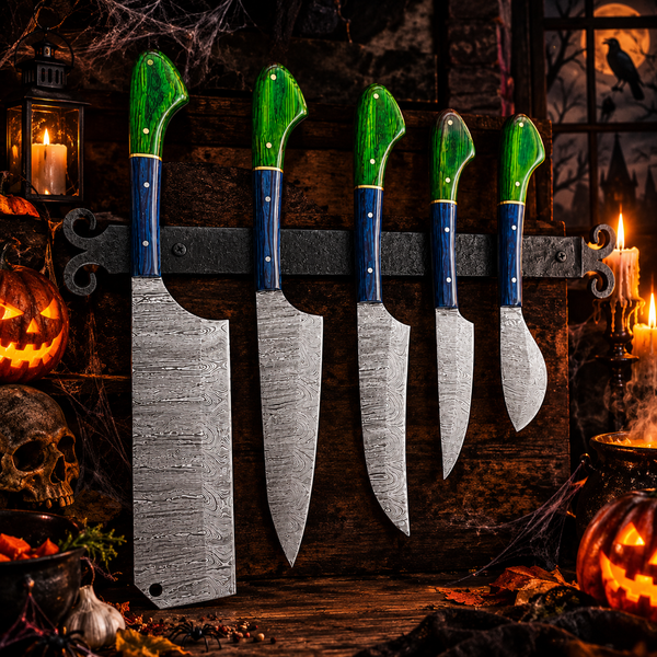 5-Piece Hand-Forged Damascus Steel Chef Knife Set – Green & Blue Stabilized Wood Handles