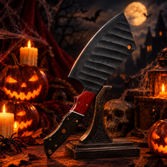 11.5" Handcrafted Fluted High-Carbon Steel Kitchen Cleaver – Padauk & Wenge Wood Handle with Leather Sheath