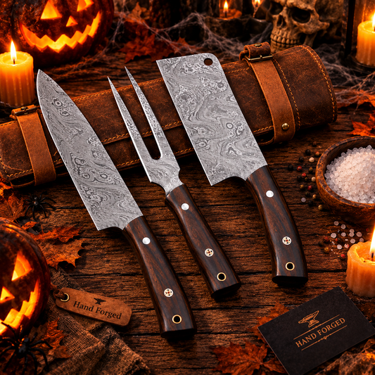 3-Piece Handmade Damascus Steel Chef Knife & Carving Fork Set – Rosewood Handles with Leather Bag