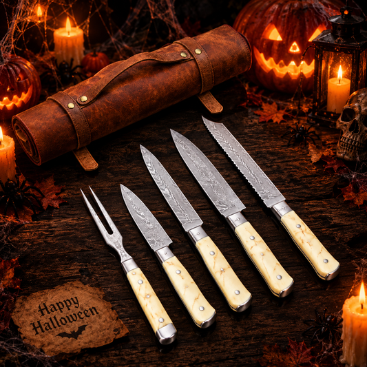 5-Piece Handcrafted Damascus Steel Carving & Knife Set – White Handle with Leather Roll