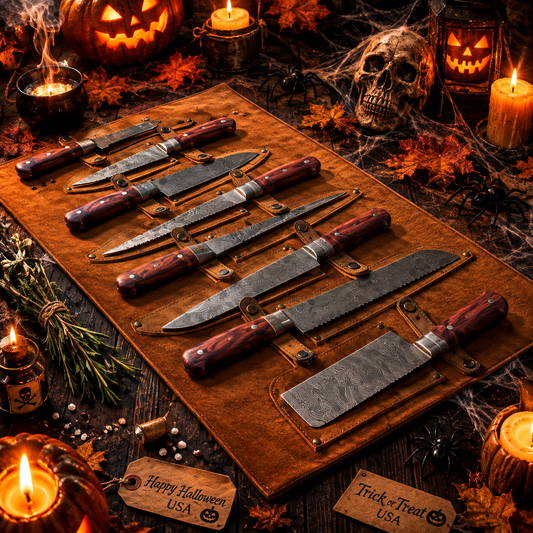 Handcrafted 8-Piece Damascus Steel Chef Knife Set – Exotic Hardwood Handles with Leather Roll