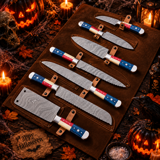 7-Piece Hand-Forged Damascus Steel Chef Knife Set – Patriotic USA Flag Handles with Leather Roll