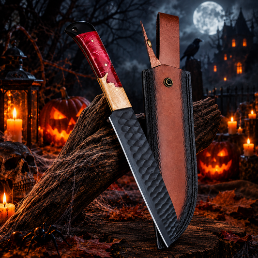 Handcrafted High-Carbon Steel Kitchen Slicing Knife – Ruby Resin & Wood Handle with Leather Sheath