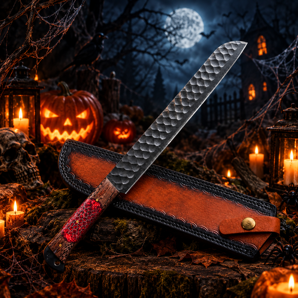 Custom Handcrafted High-Carbon Steel Collector Knife – Ruby Honeycomb Resin Handle with Leather Sheath