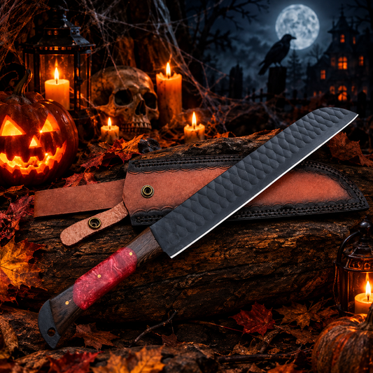 Custom Handcrafted High-Carbon Steel Collector Knife – Marbled Red Resin Handle with Leather Sheath
