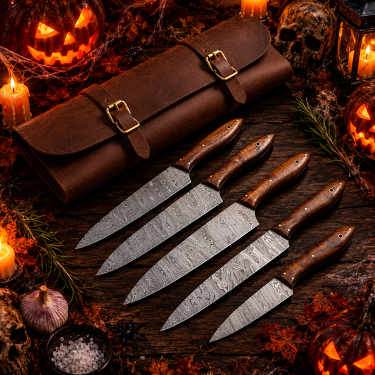 5-Piece Handmade Damascus Steel Chef Knife Set – Walnut Wood Handles with Leather Roll