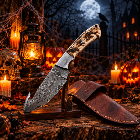 Handcrafted Damascus Steel Collector Knife – Natural Antler Bone Handle with Leather Sheath