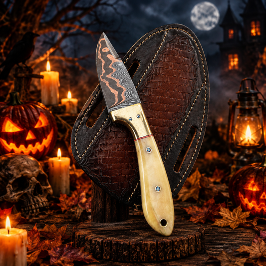 8.5" Handcrafted Cu-Mai Damascus Collector Knife – White Bone Handle with Leather Sheath