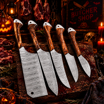 Handcrafted 5-Piece Damascus Steel Chef Knife Set with Natural Wood Handles & Leather Roll