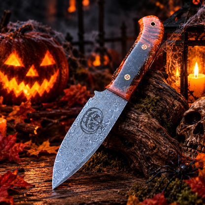 Handcrafted Damascus Steel Collector Knife – Raindrop Pattern, Orange & Black Resin Handle with Leather Sheath