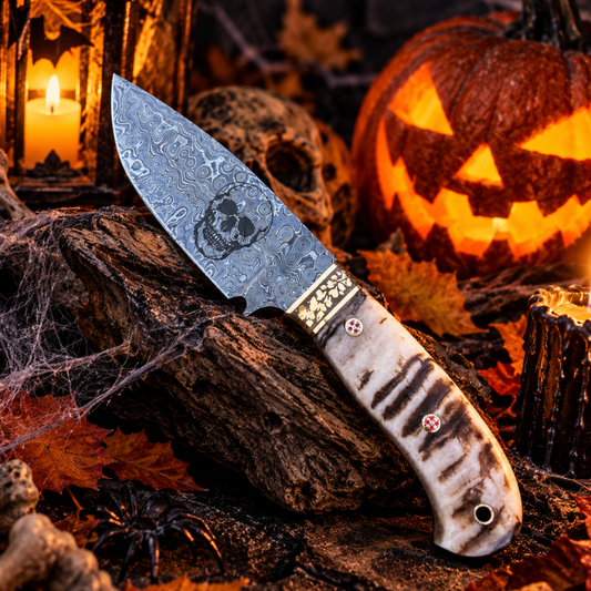 Handcrafted Damascus Steel Collector Knife – Engraved Skull Motif, Ram Horn Handle with Leather Sheath