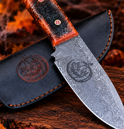 Handcrafted Damascus Steel Collector Knife – Raindrop Pattern, Orange & Black Resin Handle with Leather Sheath