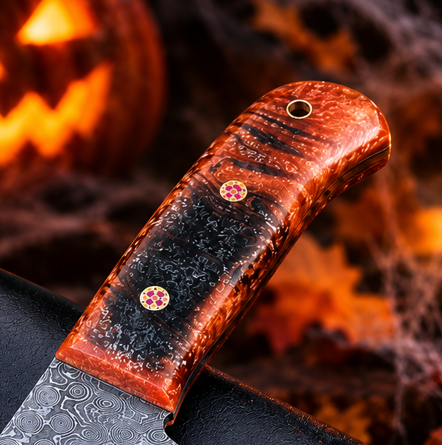 Handcrafted Damascus Steel Collector Knife – Raindrop Pattern, Orange & Black Resin Handle with Leather Sheath