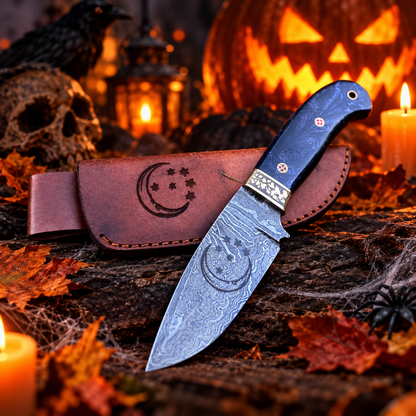 Handcrafted Damascus Steel Collector Knife – Engraved Crescent Moon Motif, Purple Resin Handle with Leather Sheath