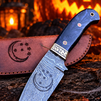 Handcrafted Damascus Steel Collector Knife – Engraved Crescent Moon Motif, Purple Resin Handle with Leather Sheath