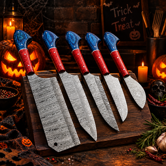 Handcrafted 5-Piece Damascus Steel Chef Knife Set – Red & Blue Resin Handles with Leather Roll