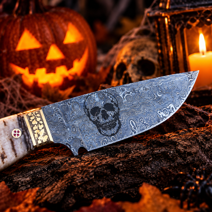 Handcrafted Damascus Steel Collector Knife – Engraved Skull Motif, Ram Horn Handle with Leather Sheath
