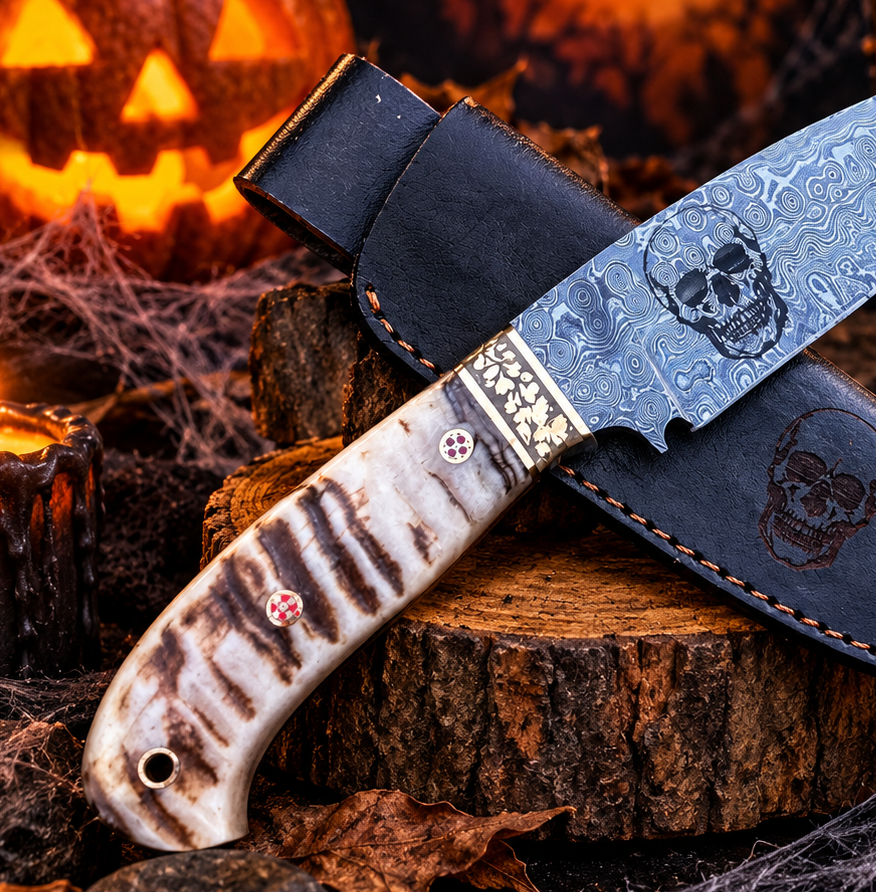 Handcrafted Damascus Steel Collector Knife – Engraved Skull Motif, Ram Horn Handle with Leather Sheath