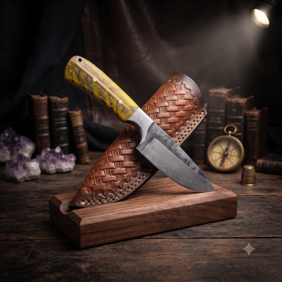 9" Custom Handcrafted File Steel Collector Knife – Burl Resin Handle & Leather Sheath