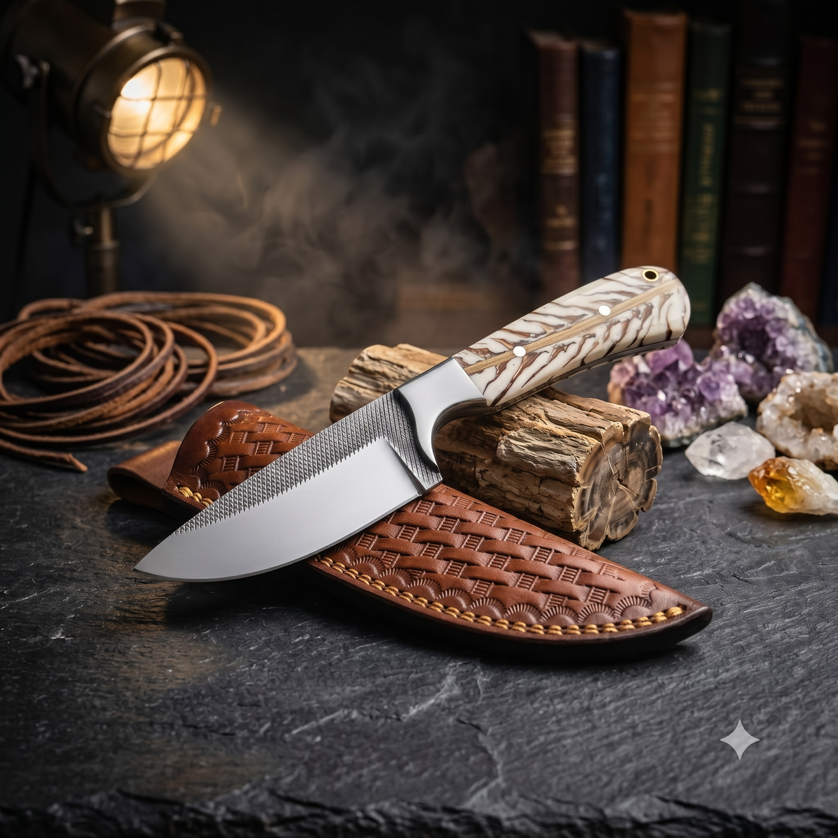9" Custom Handcrafted File Steel Collector Knife – Burl Resin Handle & Leather Sheath