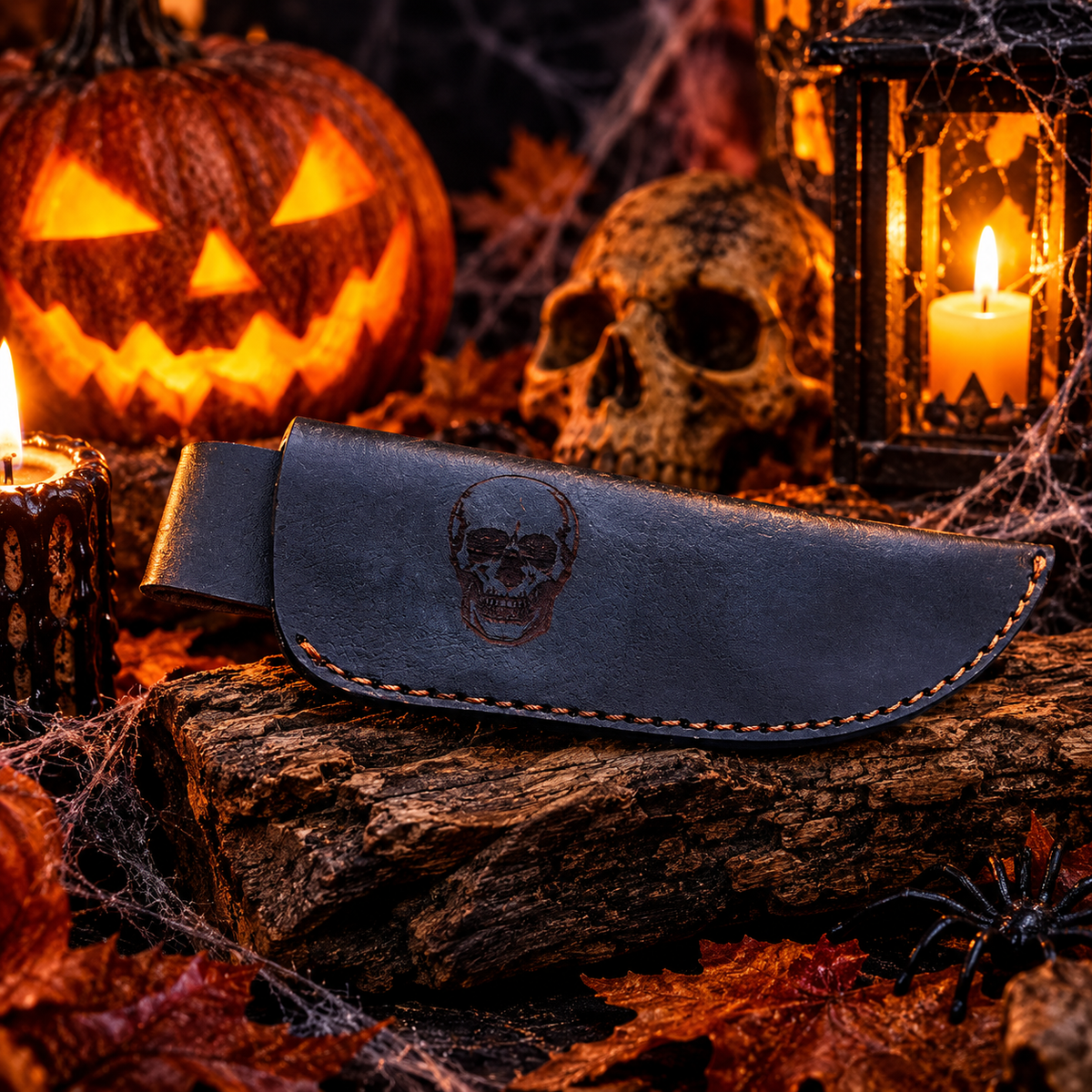 Handcrafted Damascus Steel Collector Knife – Engraved Skull Motif, Ram Horn Handle with Leather Sheath