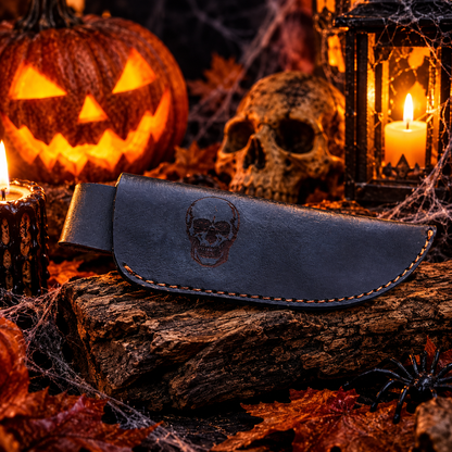 Handcrafted Damascus Steel Collector Knife – Engraved Skull Motif, Ram Horn Handle with Leather Sheath