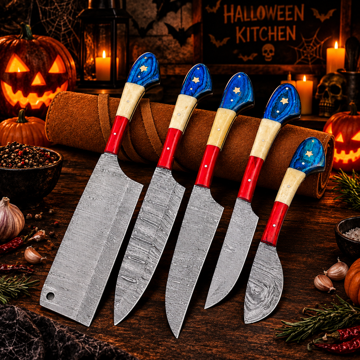Handcrafted 5-Piece Damascus Steel Chef Knife Set – Red, White & Blue Composite Handles with Leather Roll
