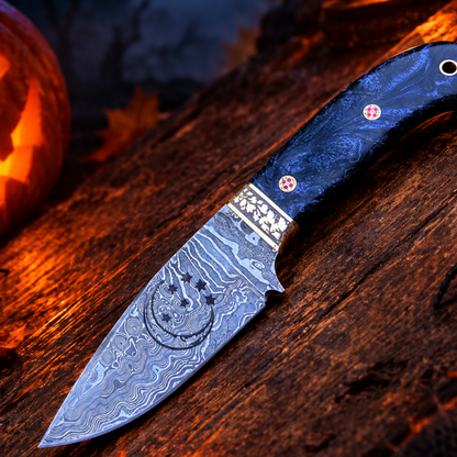 Handcrafted Damascus Steel Collector Knife – Engraved Crescent Moon Motif, Purple Resin Handle with Leather Sheath