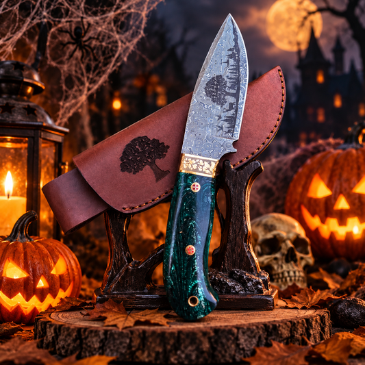 Handcrafted Damascus Steel Collector Knife – Engraved Tree Motif, Green Resin Handle with Leather Sheath
