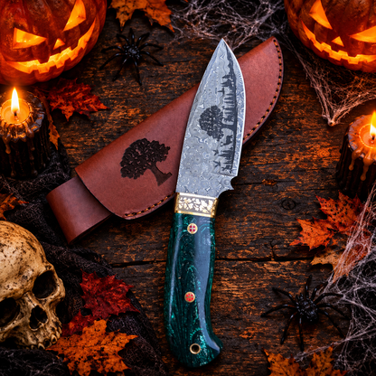 Handcrafted Damascus Steel Collector Knife – Engraved Tree Motif, Green Resin Handle with Leather Sheath