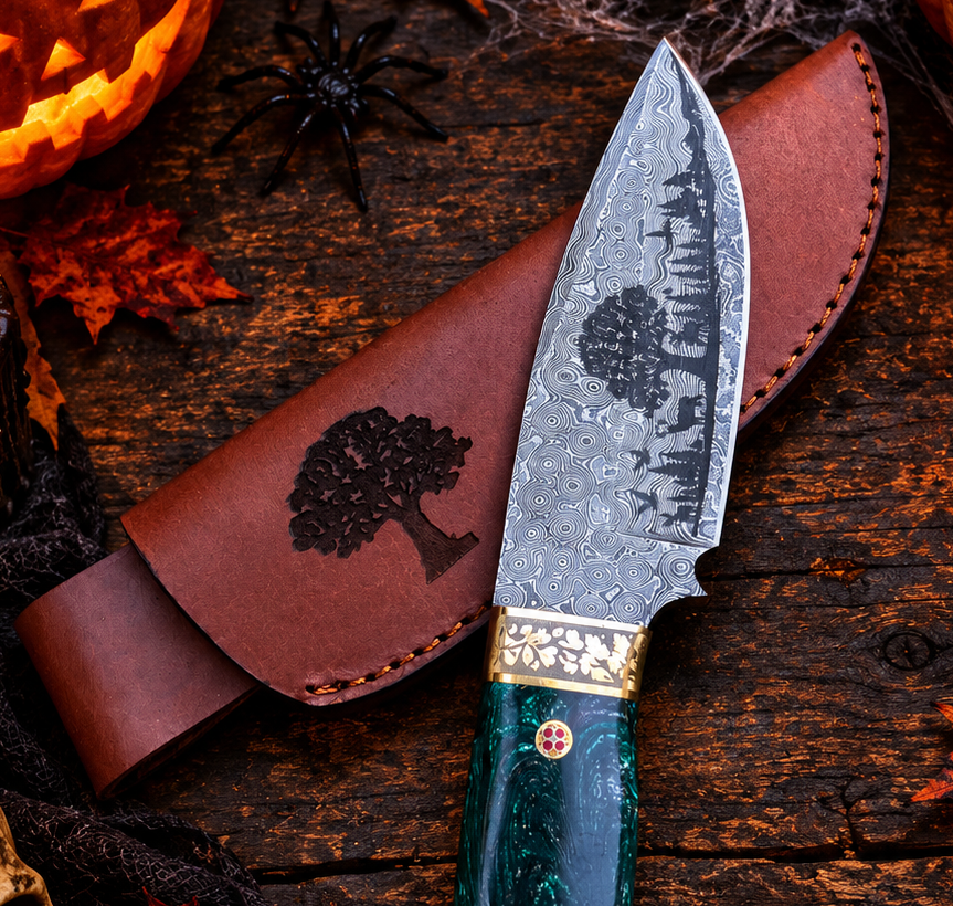 Handcrafted Damascus Steel Collector Knife – Engraved Tree Motif, Green Resin Handle with Leather Sheath